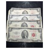4 US RED SEAL $2 BILLS