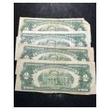 4 US RED SEAL $2 BILLS