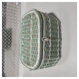 Vintage Scovill Dritz Sewing Basket Green Woven Box Handle Satin Lined w Sewing Notions