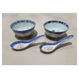 2 Asian Porcelain Rice Bowls w/ 2 Matching Soup Spoons Blue White Red Floral China