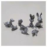 7 Pc Silver Tone Mini Animal Figurine Lot Ducks Ducklings Rabbits Bunny Turtle
