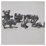 6 Pc Silver Tone Mini Animal Figurine Lot Dragon, Bear, Dog, Donkey, Buffalo, Koala