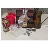 Mixed Home Decor Lot - Metal Decorative Pitcher, Candlesticks, Tic Tac Toe, Stained Glass and More