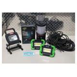 Mixed Utility Lot - Work Lights, Battery Charger, Lantern and Rope