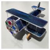 Handmade Stained Glass Biplane Airplane Sculpture Blue Leaded Glass Jeweled Propeller