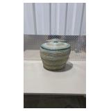 Lidded Wicker Basket - Woven Storage Basket with Blue Accents