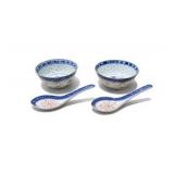 2 Asian Porcelain Rice Bowls w/ 2 Matching Soup Spoons Blue White Red Floral China