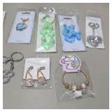 Mixed Costume Jewelry and Keychain Lot - Hearts, Peace Sign, Earrings and Unicorn Ring