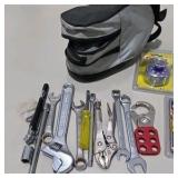 Mixed Tool and Bike Accessory Lot - Locks, Wrenches, and Saddle Bag