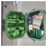 Vintage Scovill Dritz Sewing Basket Green Woven Box Handle Satin Lined w Sewing Notions