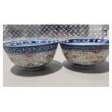 2 Asian Porcelain Rice Bowls w/ 2 Matching Soup Spoons Blue White Red Floral China