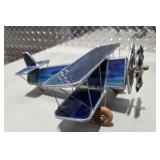 Handmade Stained Glass Biplane Airplane Sculpture Blue Leaded Glass Jeweled Propeller