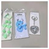 Mixed Costume Jewelry and Keychain Lot - Hearts, Peace Sign, Earrings and Unicorn Ring