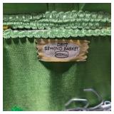 Vintage Scovill Dritz Sewing Basket Green Woven Box Handle Satin Lined w Sewing Notions