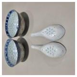 2 Asian Porcelain Rice Bowls w/ 2 Matching Soup Spoons Blue White Red Floral China