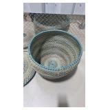 Lidded Wicker Basket - Woven Storage Basket with Blue Accents