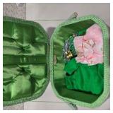 Vintage Scovill Dritz Sewing Basket Green Woven Box Handle Satin Lined w Sewing Notions