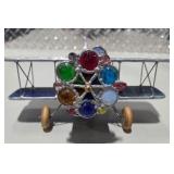 Handmade Stained Glass Biplane Airplane Sculpture Blue Leaded Glass Jeweled Propeller