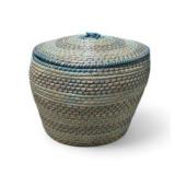 Lidded Wicker Basket - Woven Storage Basket with Blue Accents