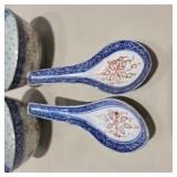 2 Asian Porcelain Rice Bowls w/ 2 Matching Soup Spoons Blue White Red Floral China