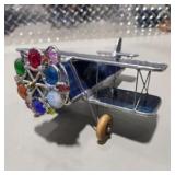 Handmade Stained Glass Biplane Airplane Sculpture Blue Leaded Glass Jeweled Propeller