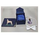 Vintage Great Dane Collectibles Lot Lucite Etched Dog Plaque in Case, Pin, Bow Tie, Photo Book