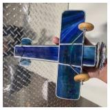 Handmade Stained Glass Biplane Airplane Sculpture Blue Leaded Glass Jeweled Propeller