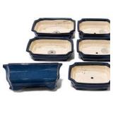6pc Ceramic Bonsai Planter Lot Blue Glazed Rectangular Pots Drainage Indoor Outdoor