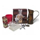 Mixed Home Decor Lot - Metal Decorative Pitcher, Candlesticks, Tic Tac Toe, Stained Glass and More