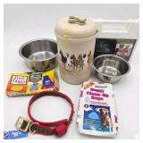 Dog Supply Lot First Aid Kit, Stainless Bowls, Ceramic Dog Treat Canister, Collar, Bags
