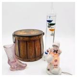Vintage Home Decor Lot Galileo Thermometer, Wood Basket, Fenton Pink Glass Boot, & Girl Goose Lamp
