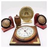 Decor Lot - Howard Miller Weather Station, Nautical Wood Clock, Globe Bookends, Carved Wood Jar