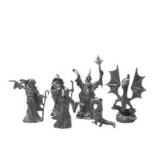 Fantasy Mini Figure Lot Winged Dragon Wizard Mage Sorcerer 6 Pc Silver Tone