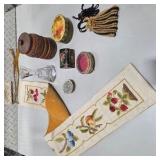 Vintage Dresser Vanity Accessories Lot Crystal Bottle, Beaded Bag, Carved Wood Boxes & More Decor