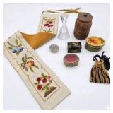 Vintage Dresser Vanity Accessories Lot Crystal Bottle, Beaded Bag, Carved Wood Boxes & More Decor