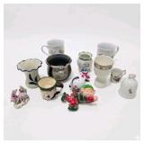 Vintage Porcelain Pottery Decor Lot w Japan Bell, Vase, Mugs, Elf, Christmas