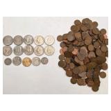 2 LB Unsearched Pennies + 10 Kennedy Half Dollars + Barber Quarter & Dime + Dollar Coins - Estate Coin Lot