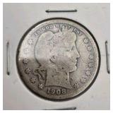 SILVER U.S. COIN LOT – 1967 SPECIAL MINT SET + 10 KENNEDY HALF DOLLARS + 1908 & 1896 BARBER QUARTERS + 1904 BARBER DIME – 90% & 40% SILVER