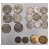 Mixed U.S. & Foreign Coin Lot - Kennedy Halves, Quarters, 1905 Barber Quarter, 1936 Buffalo Nickel, 1943 Steel Cents, Foreign Coins