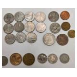 Mixed U.S. & Foreign Coin Lot - Kennedy Halves, Quarters, 1905 Barber Quarter, 1936 Buffalo Nickel, 1943 Steel Cents, Foreign Coins