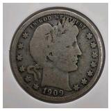 5 Silver Coin Lot - 1895-O Barber Quarter, 1909 Barber Quarter, 1958 Franklin Half, 1967 Kennedy Half, 1954 Roosevelt Dime