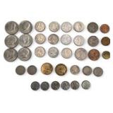 Mixed U.S. & Foreign Coin Lot - Kennedy Halves, Quarters, 1905 Barber Quarter, 1936 Buffalo Nickel, 1943 Steel Cents, Foreign Coins