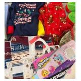 Bin of holiday, sleepwear, socks, and accessories