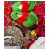 Bin of holiday, sleepwear, socks, and accessories