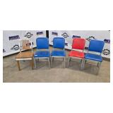 Good Form Aluminum Chairs (Lot of 5) - 3 Blue Vinyl, 1 Red Vinyl, 1 Wood Seat