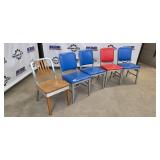 Good Form Aluminum Chairs (Lot of 5) - 3 Blue Vinyl, 1 Red Vinyl, 1 Wood Seat