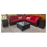 Outdoor Wicker Sectional Sofa Set with Red Cushions - Glass-Top Coffee Table & 2 End Tables