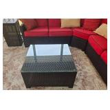 Outdoor Wicker Sectional Sofa Set with Red Cushions - Glass-Top Coffee Table & 2 End Tables