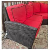 Outdoor Wicker Sectional Sofa Set with Red Cushions - Glass-Top Coffee Table & 2 End Tables