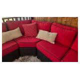Outdoor Wicker Sectional Sofa Set with Red Cushions - Glass-Top Coffee Table & 2 End Tables